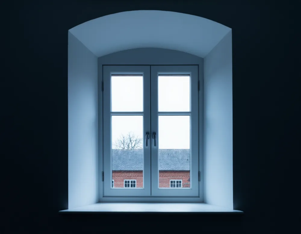 The same window pane cleaned, clear glass with a sharp reflection