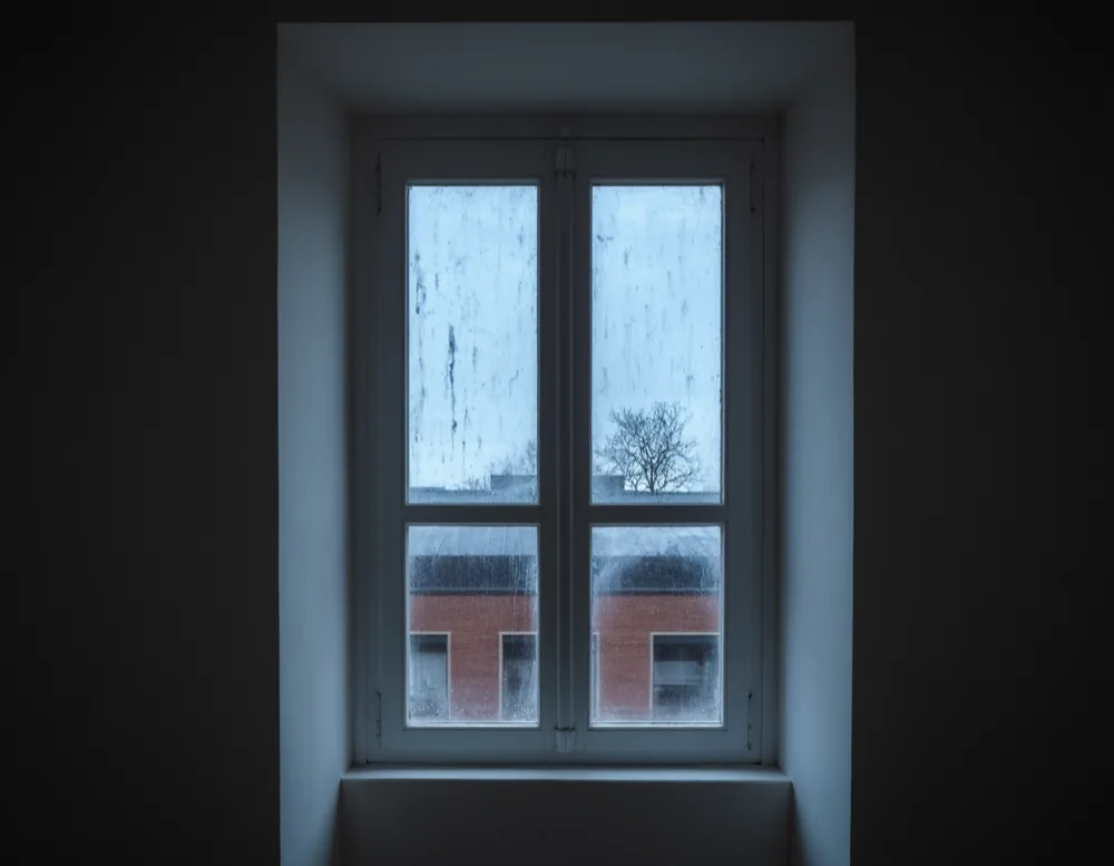 A window pane clouded with grey dust and dried water streaks