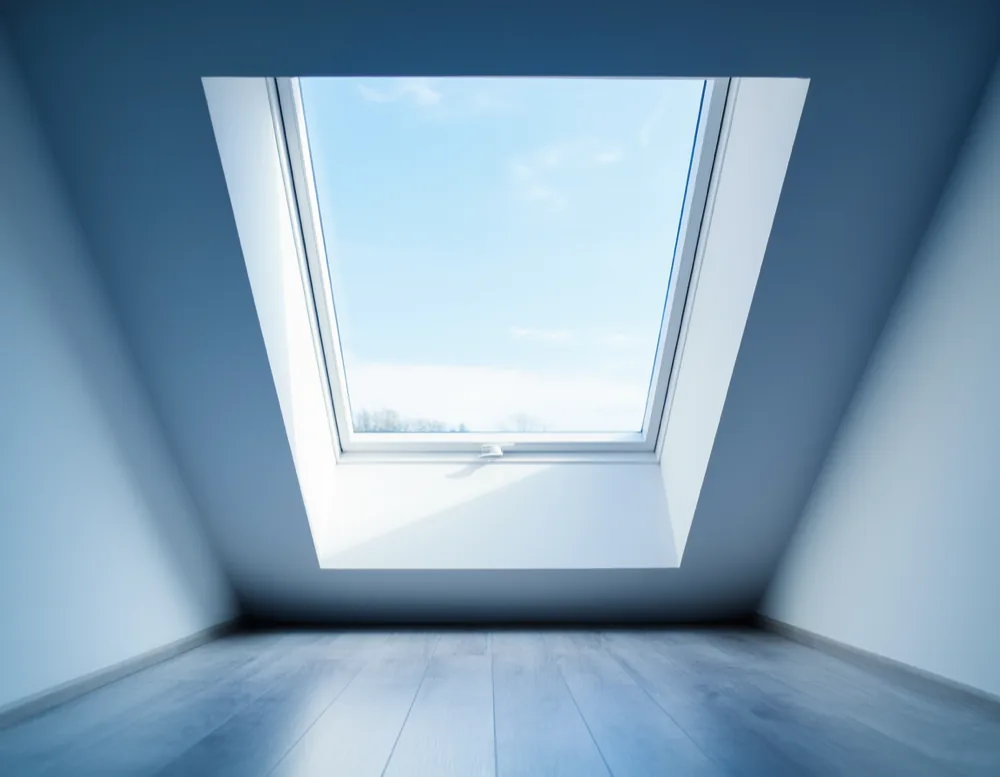 A roof window in a sloping attic ceiling with clear daylight coming through